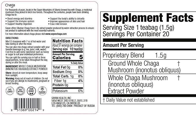 Chaga Extract Powder 4 Oz + 20 Tea Bag Box